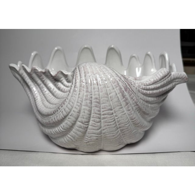 Traditional Coastal Nautical White Ceramic Clamshell Serving Bowl For Sale - Image 3 of 12