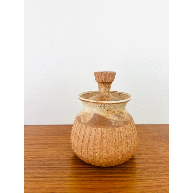 Mid-Century Modern Vintage 1970s Handmade Stoneware Studio Pottery Lidded Vessel Boho Chic Style For Sale - Image 3 of 8