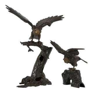 Oversized Bronze Eagle Sculptural Group on Tree Form – Monumental Wildlife Sculpture For Sale