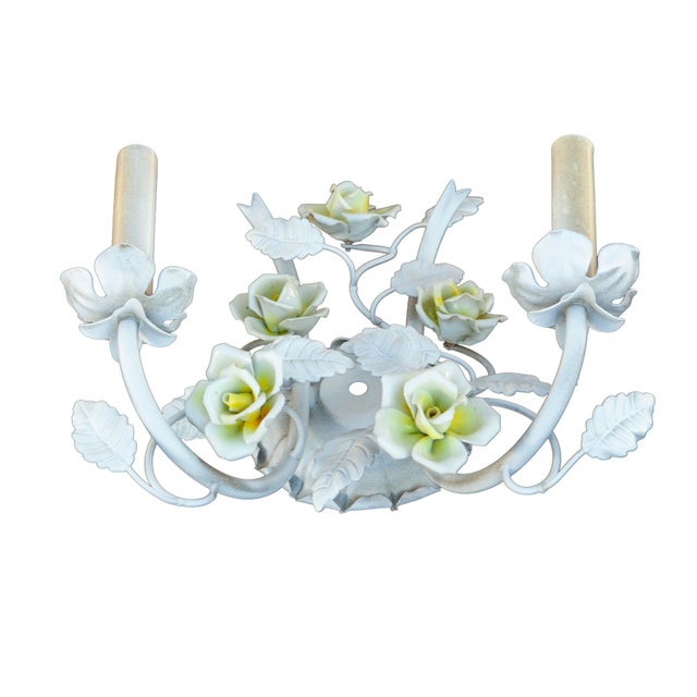 Metal Mid 20th Century Electrified Wall Sconces With Ceramic Flowers & Metal Leaves; A Pair For Sale - Image 7 of 11