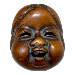 Antique Japanese Hand Carved Boxwood Netsuke Okame Noh Mask Mennetsuke Sculpture