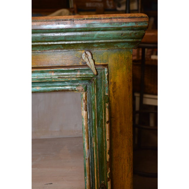 1990s Rustic Heavy Wooden Cabinet / Nightstand W/ Green Trim Patina & Single Glass Door For Sale - Image 15 of 18