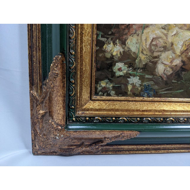 Late 19th Century Attributed Sophie-Vera Bovet Large Vivid Floral Figurative Oil Painting, Green & Gold Gilt Frame For Sale - Image 12 of 17