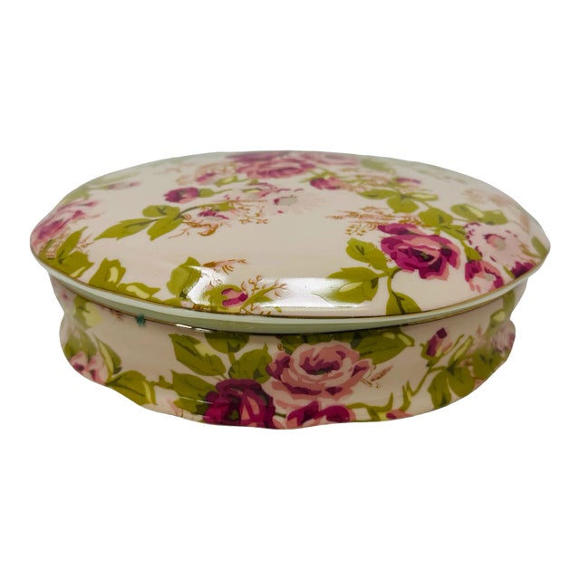 Vintage Asian Rose Collection Catch All With Lid For Sale