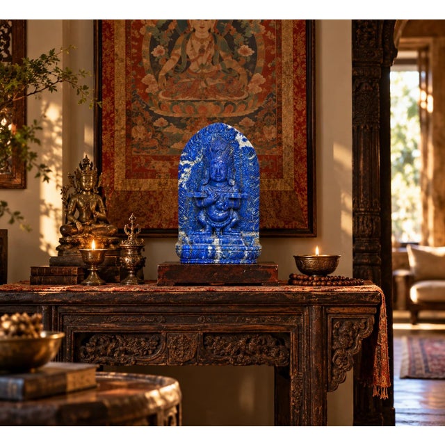 Traditional Finest Lapis Lazuli Tibetan Makahala Statue 9.5" Natural Gemstone Hand Carved For Sale - Image 3 of 14