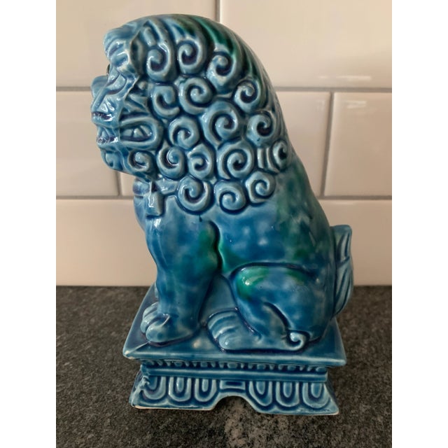 Vintage Blue Glazed Ceramic Chinese Foo Dog Sculpture For Sale - Image 4 of 7