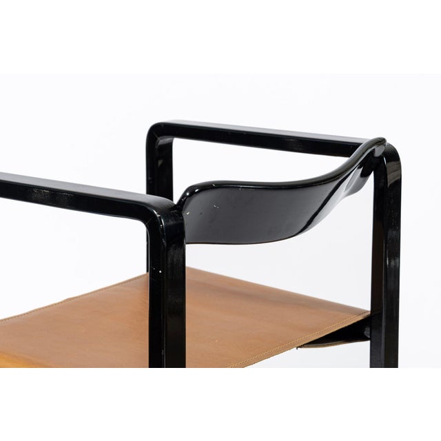 Mid Century Modern Black Lacquer and Brown Leather Arm Chairs 1970s For Sale - Image 13 of 15