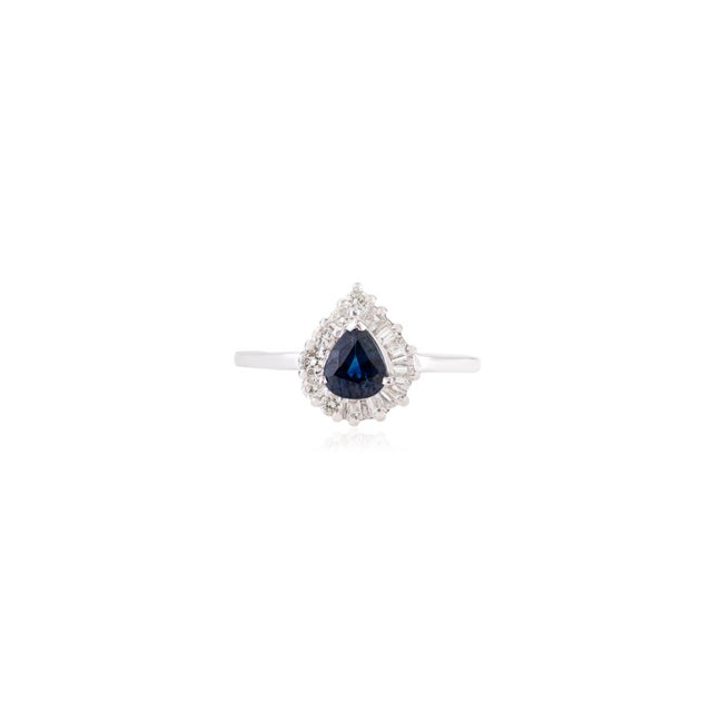 Art Deco VRJewels Pear Cut Blue Sapphire Diamond Halo Ring Size 5 in 14k Solid Gold For Sale - Image 3 of 11