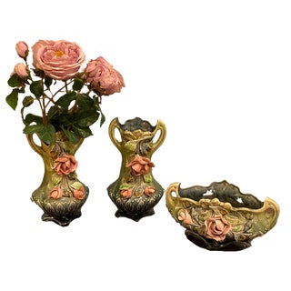 Majolica Planter Vases and a Cachet Pot - Set of 3 For Sale