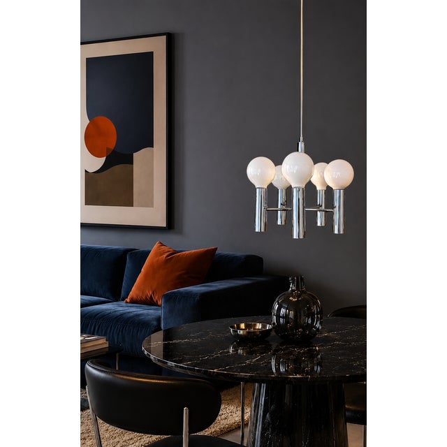Five-light chandelier by hustadt leuchten, neheim-hüsten, germany, 1960s. The light fixture is made of chrome-plated steel...