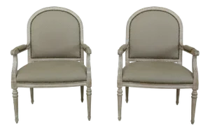 French Louis XVI Style White Carved Frame Armchairs - a Pair