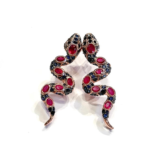Bochic “Orient” Vintage Ruby & Sapphire Serpent Earrings Set 18K Gold & Silver For Sale - Image 9 of 15