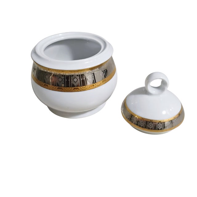 Mid-Century Modern Vintage Thun Carlsbad Bohemian Porcelain Covered Sugar Bowl Platinum With Gold For Sale - Image 3 of 8