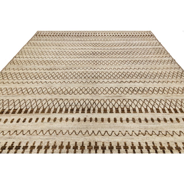 Brown 10 X 12 Modern Moroccan Wool Rug in Brown With Geometric Tribal Motifs For Sale - Image 8 of 11