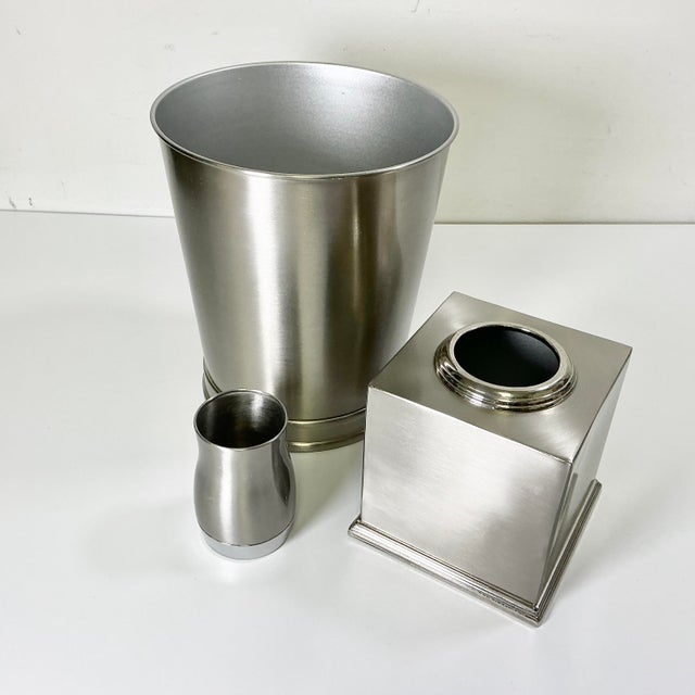 1990s 1990s Vintage Contemporary Modern Nickel Satin Finish Bathroom Wastebasket, Tissue Box Cover - Set of 3 For Sale - Image 5 of 10
