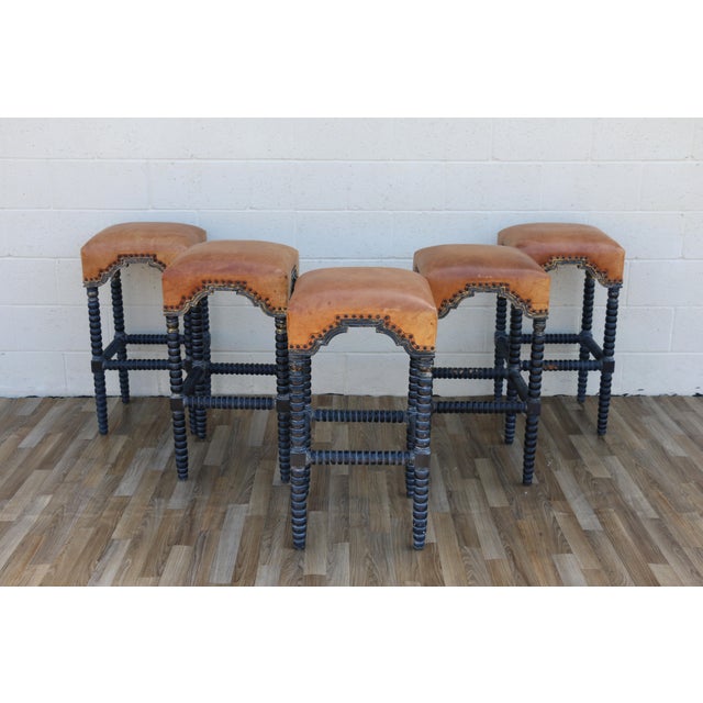 Spanish Revival Set of 5 Vintage Leather Bar Stools With Spindle Legs & Nailhead Trim | Spanish Revival / Mediterranean Style For Sale - Image 3 of 18