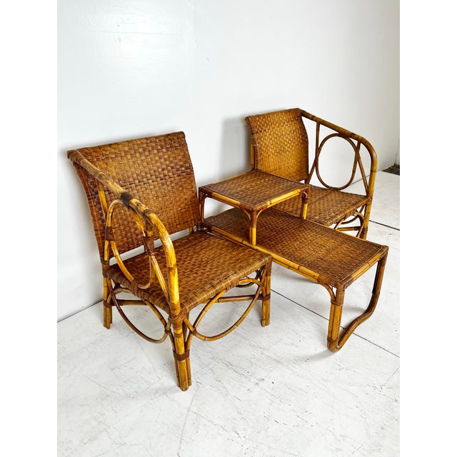 Mid 20th Century Vintage Rattan Caning Sectional Chairs and Side Table- 3 Piece Set For Sale - Image 5 of 11