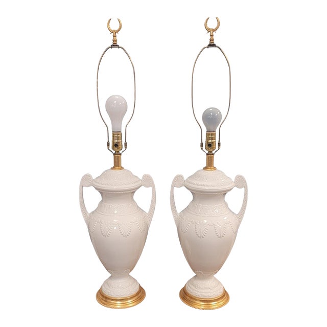 1990s Pair Regency Style Porcelain & Gilt Brass Lamps For Sale
