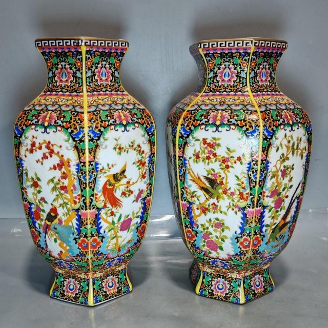 Rose Mid 20th Century Famille Rose Hexagonal Porcelain Vases With Bird and Floral Motifs - Set of 2 For Sale - Image 8 of 9