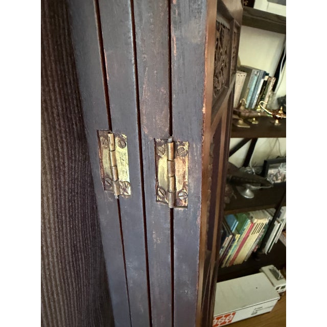 Wood Vintage Middle Eastern Four-Panel Moorish Hand-Carved Teak Wood Folding Screen, Acquired in Bahrain For Sale - Image 7 of 7