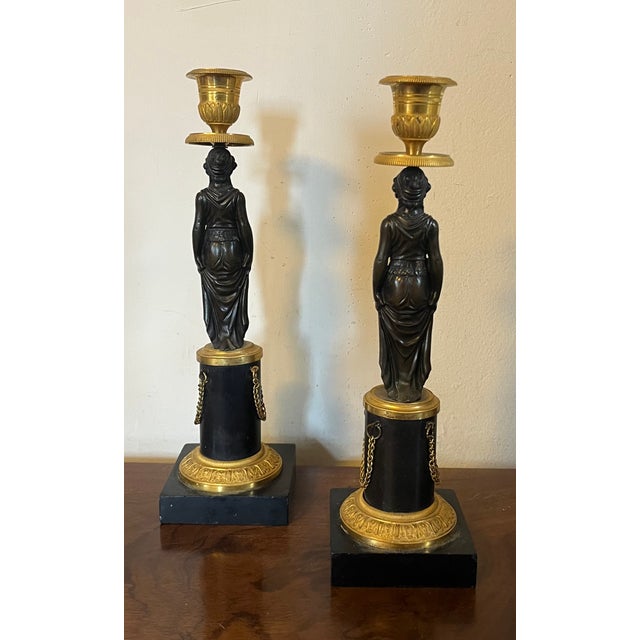 Bronze Antique Early 19th Century French Empire Gilt & Patinated Bronze Caryatid Candlestick Holders Circa 1810 - A Pai For Sale - Image 8 of 12