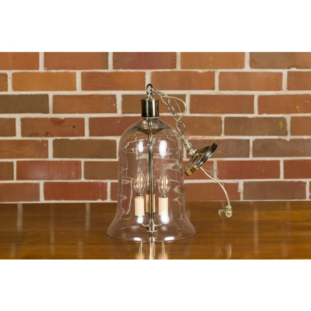 Transparent Mid 20th Century English Midcentury Nickel Light Fixture with Three Arms and Glass Bell For Sale - Image 8 of 12