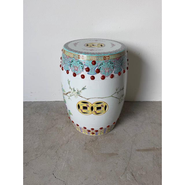 1980s Vintage Chinese Famille Rose-Style Hand-Painted Porcelain Garden Stool With Pierced Cash-Coin Motifs For Sale - Image 5 of 12