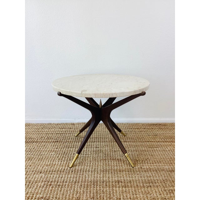 Vintage 1960s Side Table starburst base dark walnut color bras caps at feet brass point at center round tan marble top...