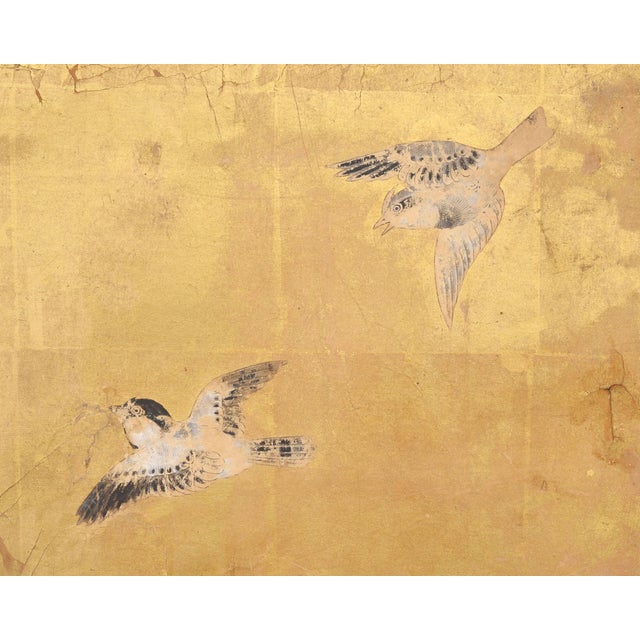 Wood Japanese Edo Two-Panel Gilt Screen Birds Chrysanthemums 6 Ft For Sale - Image 7 of 18