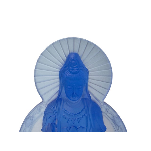 Blue Frosted Crystal Glass Lotus Base 2 Sides Bodhisattva Guanyin Figure For Sale - Image 9 of 11