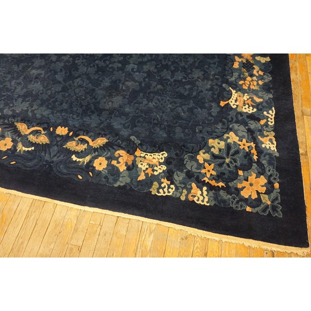 1920s Antique Wool Allover Floral Rectangle Blue Hand Knotted Pile Peking Rug For Sale - Image 9 of 10