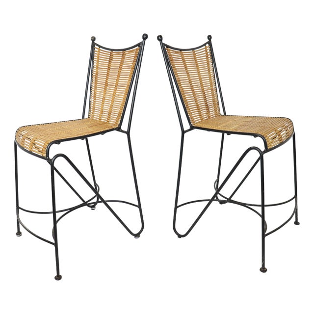 Vintage 1960s Pipsan Saarinen Swanson Wrought Iron & Rattan Counter Stools for Ficks Reed - a Pair For Sale