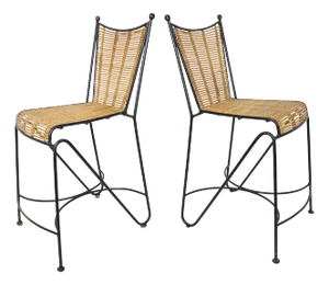 Vintage 1960s Pipsan Saarinen Swanson Wrought Iron & Rattan Counter Stools for Ficks Reed - a Pair