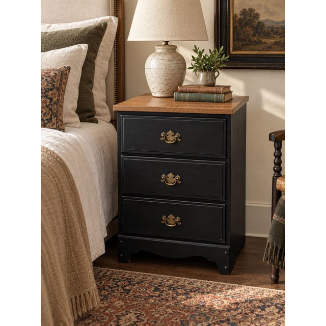 Gothic Vintage Gothic Revival Onyx Black Three-Drawer Nightstand With Brass Batwing Pulls For Sale - Image 3 of 4