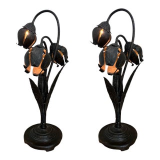 1970s Tulip Lamps Metal Architectural Salvage Iron Hans Kogl Style Industrial Hollywood Regency - a Pair For Sale