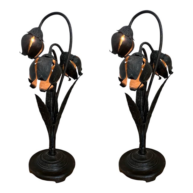 1970s Tulip Lamps Metal Architectural Salvage Iron Hans Kogl Style Industrial Hollywood Regency - a Pair For Sale