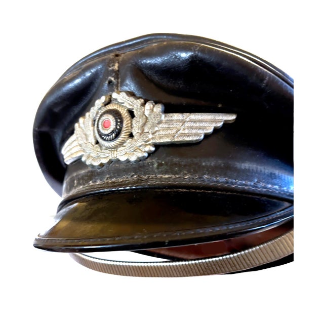 Black 1930's German Panzer Division Motorcycle Officer's Black Leather Visor by Muir Cap & Regalia, Luftwaffe Insignia Wreath & Cockade & Snake Chain Strap For Sale - Image 8 of 13