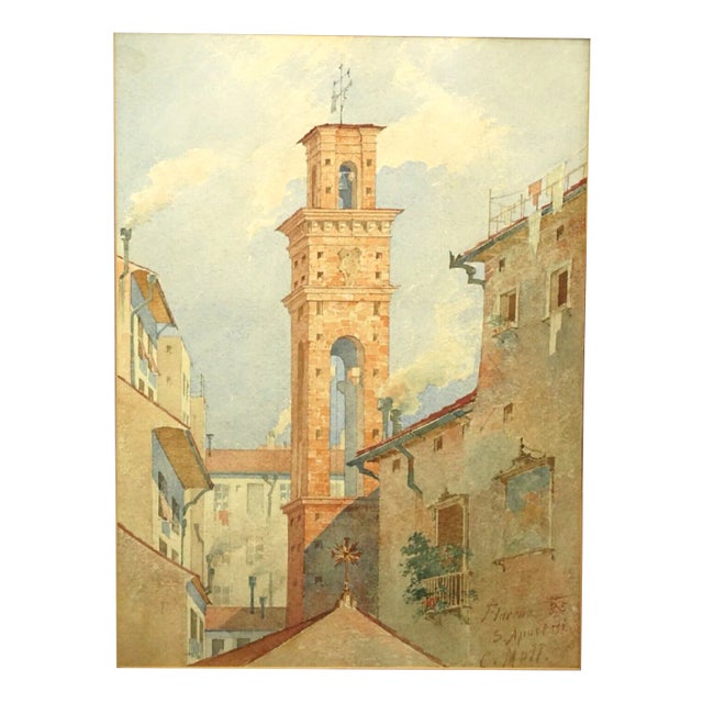 Carl Mell, View of the Church of the Holy Apostles in Florence, 20th Century, Watercolor For Sale