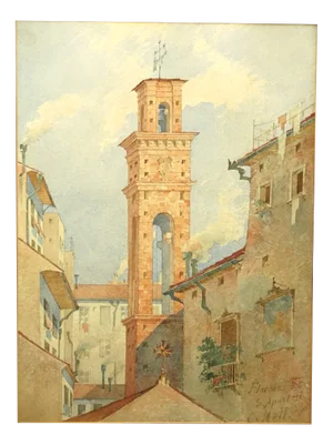 Carl Mell, View of the Church of the Holy Apostles in Florence, 20th Century, Watercolor