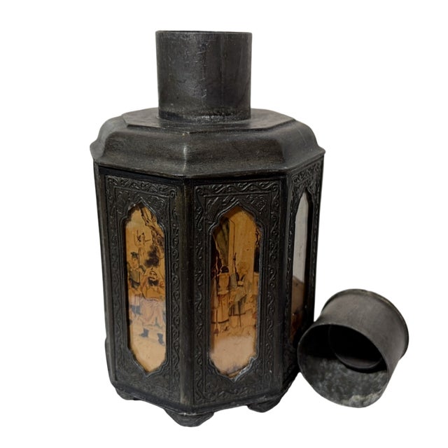 Late 19th Century Chinese Shantou Pewter Octagonal Tea Caddy with Reverse Painted Glass Panels This exquisite, collector-...