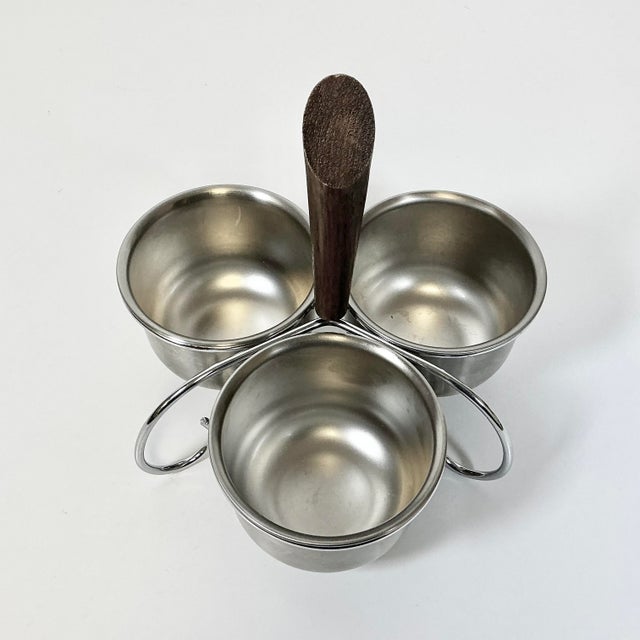 Mid-Century Modern 1960s Vintage Mid-Century Boho Chic Metal Condiment or Dressing Serving Dishes With Caddy For Sale - Image 3 of 7