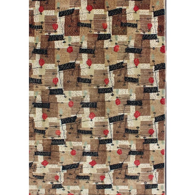 Measures: 6'8 x 9'10. Vintage Turkish Mid-Century Rug with Modernist Grid in Brown, Black, and Cream. Keivan Woven Arts /...