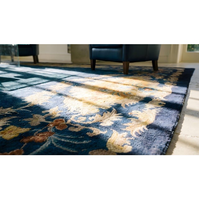 1920s Blue Navy Traditional Antique Chinese Art Deco Carpet 9'6" X 13'2" Knotted Wool Rug For Sale - Image 13 of 14