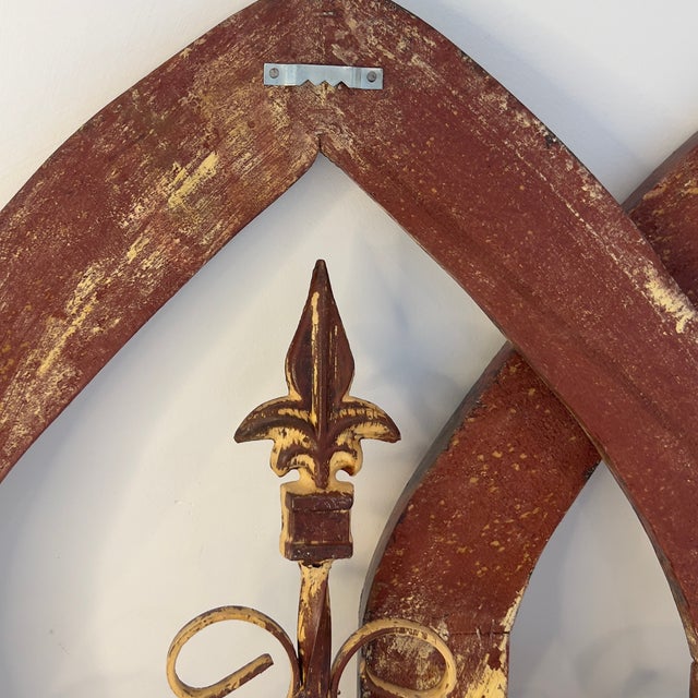 Rustic Farmhouse Gothic Style Arched Window Fleur-De-Lis Red Yellow Chipped Wood Hanging Wall Decor, Set of 2 For Sale - Image 10 of 14