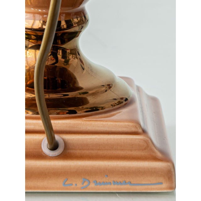 French Salmon Pink and Copper Ceramic Urn Table Lamps with Parchment Shades by Louis Drimmer, 1980s, Set of 2 For Sale - Image 4 of 15