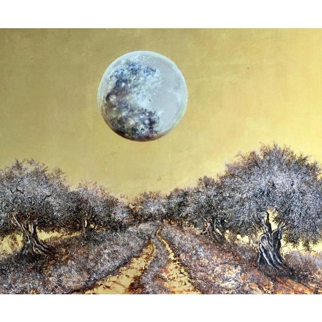 Metal Moonlight Walking, Landscape Gold Leaf & Oil Painting with Trees and a Full Moon, 2020 For Sale - Image 7 of 8
