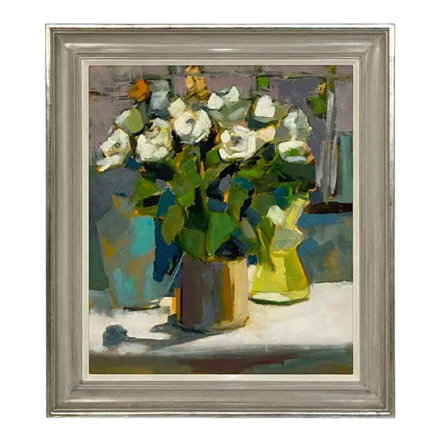 Contemporary British Framed Oil Painting on Canvas (White Roses in Mustard Pot) For Sale