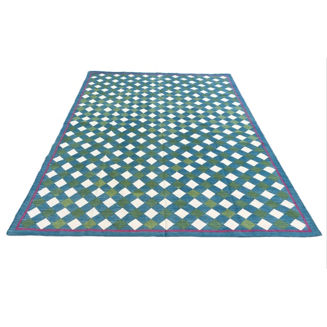 Handmade Cotton Vegetable Dyed Checked Gingham Area Rug Teal Blue With Cream and Forest Green - 8'x10' For Sale - Image 9 of 10