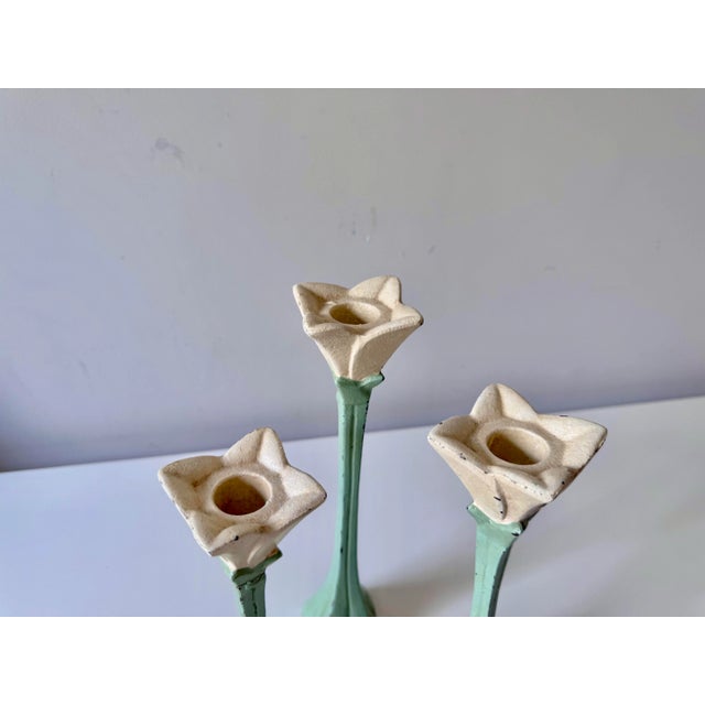 Late 20th Century Painted Cast Iron Tulip Candlestick Holders; Set of 3 For Sale - Image 9 of 10