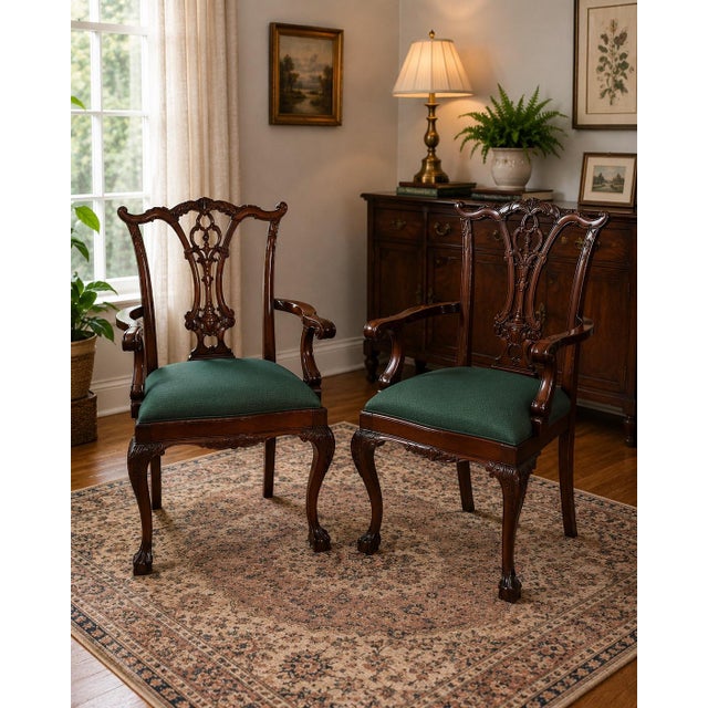 Chippendale Pair of Vintage Chippendale-Style Carved Mahogany Armchairs With Green Upholstery For Sale - Image 3 of 12